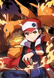 Rule 34 | 1boy, absurdres, badge, baseball cap, black hair, brown eyes, charizard, closed mouth, coat, commentary request, creatures (company), eyelashes, fire, frown, game freak, gen 1 pokemon, hand up, hat, highres, holding, holding poke ball, lava, nintendo, official alternate costume, open clothes, open coat, pants, poke ball, poke ball (basic), pokemon, pokemon (creature), pokemon masters ex, popped collar, red (pokemon), red (sygna suit) (pokemon), red coat, sleeveless, spiked hair, taisa (lovemokunae), wristband