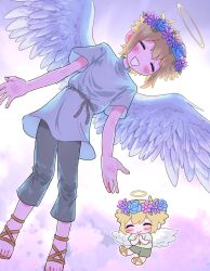 Rule 34 | 1boy, angel, angel wings, basil (faraway) (omori), basil (omori), blonde hair, blush, brown footwear, chibi, closed eyes, flower, grey pants, halo, head wreath, highres, male focus, miranosub, official alternate costume, omori, open mouth, pants, sandals, short sleeves, smile, solo, wings