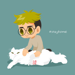 Rule 34 | 1boy, :&lt;, blonde hair, brown hair, cat, christophe giacometti, facial hair, glasses, green background, green eyes, hashtag, highres, indian style, kaorin minogue, male focus, multicolored hair, petting, sitting, two-tone hair, white cat, yuri!!! on ice