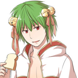 Rule 34 | 1boy, bell, bread slice, coat, commentary request, food, gold trim, green hair, hair bell, hair ornament, hair ribbon, holding, holding food, jingle bell, looking at viewer, male focus, monk (ragnarok online), natsuya (kuttuki), open clothes, open coat, open mouth, ragnarok online, red coat, red eyes, red ribbon, ribbon, short hair, short sleeves, simple background, smile, solo, toast, two-tone ribbon, upper body, white background, white coat, yellow ribbon