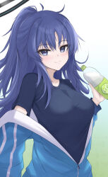 Rule 34 | 1girl, black shirt, blue archive, blue jacket, blush, bottle, breasts, half updo, halo, highres, holding, holding bottle, jacket, jacket partially removed, looking at viewer, medium breasts, official alternate costume, partially unzipped, purple eyes, purple hair, shirt, smile, solo, track jacket, upper body, water bottle, wrightia, yuuka (blue archive), yuuka (track) (blue archive)
