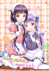 Rule 34 | 2girls, :d, apron, black footwear, blend s, blunt bangs, blush, collared shirt, commentary request, company connection, cosplay, crossover, frilled apron, frills, hair ornament, head scarf, highres, index finger raised, kneeling, long hair, looking at viewer, low twintails, manga time kirara, multiple girls, new game!, open mouth, pink shirt, pink skirt, plaid, plaid background, pleated skirt, puffy short sleeves, puffy sleeves, purple eyes, purple hair, purple shirt, purple skirt, sakuranomiya maika, shirt, shoes, short sleeves, skirt, smile, stile uniform, suzukaze aoba, thighhighs, twintails, uniform, very long hair, waist apron, waitress, white apron, white legwear, xenon (for achieve)