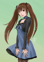 Rule 34 | 1girl, black pantyhose, borrowed character, breasts, brown hair, choker, dress, green background, hair ornament, lips, lipstick, makeup, nose, original, pantyhose, polarityplus, red eyes, see-through, see-through legwear, signature, smile, solo, twintails