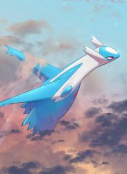 Rule 34 | 1boy, above clouds, absurdres, cloud, commentary request, creatures (company), dragon, flying, from side, full body, game freak, gen 3 pokemon, highres, latios, legendary pokemon, nintendo, no humans, nullma, outdoors, pokemon, pokemon (creature), red eyes, signature, sky, solo, twilight