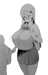 Rule 34 | 1girl, :d, age difference, alternate breast size, backpack, bad id, bad pixiv id, bag, blush, bow, bowtie, breasts, breath, commentary request, drooling, greyscale, hair between eyes, hair ornament, hairclip, heart, heart-shaped pupils, highres, holding hands, huge breasts, incest, kantai collection, long hair, looking at viewer, mhs, monochrome, open mouth, pleated skirt, randoseru, shaded face, shirt tucked in, simple background, skirt, smile, suzuya (kancolle), symbol-shaped pupils, translation request, white background