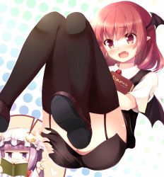 Rule 34 | 1girl, 2girls, bad id, bad pixiv id, bespectacled, black thighhighs, blush, book, crescent, embarrassed, fang, female focus, garter straps, glasses, hat, head wings, highres, koakuma, komone ushio, long hair, long legs, multiple girls, open book, open mouth, patchouli knowledge, pince-nez, pointy ears, purple eyes, purple hair, red eyes, red hair, shoes, short hair, striped, thighhighs, touhou, vertical stripes, wavy mouth, wings