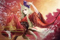 Rule 34 | 1girl, akai kitsune, animal ears, bad id, bad pixiv id, blonde hair, cherry blossoms, dress, hand fan, floral print, fox ears, fox tail, japanese clothes, kimono, long hair, multiple tails, obi, open mouth, original, red dress, red eyes, sash, solo, tail, tree