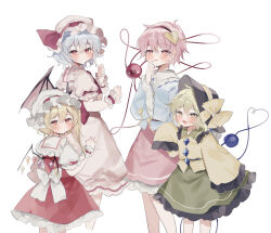 Rule 34 | 4girls, :d, \||/, aged down, back bow, bat wings, blue shirt, blush, bow, expressionless, feet out of frame, finger to mouth, flandre scarlet, floppy sleeves, hair between eyes, hair ornament, hairband, hand up, hat, heart, heart hair ornament, heart of string, height difference, highres, komeiji koishi, komeiji satori, looking back, mob cap, multiple girls, open mouth, pink hair, pink skirt, remilia scarlet, shirt, siblings, simple background, sisters, skirt, sleeves past fingers, sleeves past wrists, smile, sorani (kaeru0768), standing, third eye, touhou, white background, white bow, wings, yellow bow, yellow shirt