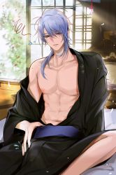 Rule 34 | 1boy, blue eyes, blue hair, closed mouth, genshin impact, highres, japanese clothes, kamisato ayato, male focus, mole, muscular, muscular male, nipples, open clothes, open shirt, pnk crow, short hair, simple background