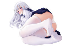 1girl, absurdres, allenes, ass, bangs, blue sailor collar, blue skirt, blush, commentary request, eyebrows visible through hair, feet, from behind, hand to own mouth, highres, legs, long hair, long sleeves, looking at viewer, lying, miniskirt, no shoes, on side, original, panties, pantyshot, pleated skirt, purple eyes, sailor collar, school uniform, serafuku, shirt, skindentation, skirt, soles, solo, thighhighs, thighs, toe scrunch, toenails, toes, underwear, white background, white hair, white legwear, white panties, white shirt