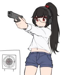 1girl black_hair commentary comodox english_commentary glasses gun handgun holding holding_gun holding_weapon long_hair lulla_(comodox) midriff navel original ponytail red_eyes shirt shorts simple_background sketch solo weapon white_background white_shirt