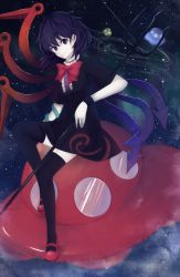 Rule 34 | 1girl, asymmetrical wings, bad id, bad pixiv id, black hair, black thighhighs, clickuro, dress, female focus, full body, houjuu nue, legs, mary janes, polearm, red eyes, shoes, short hair, snake, solo, space, spear, thighhighs, touhou, trident, ufo, weapon, wings