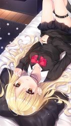 Rule 34 | 1girl, bed sheet, belt, belt buckle, black jacket, black legwear, black skirt, blonde hair, blush, bow, breasts, buckle, collar, collarbone, earrings, from above, jacket, jewelry, knees up, long hair, long sleeves, looking at viewer, lying, necklace, noda shuha, on back, on bed, original, pillow, red bow, red neckwear, rug, school uniform, serafuku, skirt, small breasts, solo, thigh strap, upside-down, white collar, wooden floor, yellow eyes