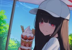 Rule 34 | 1girl, absurdres, black hair, blue archive, blush, buffering548, closed mouth, day, eyes visible through hair, food, fruit, hair over eyes, halo, hat, highres, justice task force member (blue archive), long hair, outdoors, parfait, red hair, red halo, shirt, solo, strawberry, white hat, white shirt