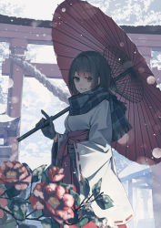 Rule 34 | 1girl, black eyes, black gloves, black hair, commentary request, flower, gloves, grin, hakama, highres, holding, holding umbrella, japanese clothes, kimono, long sleeves, looking at viewer, miko, oil-paper umbrella, original, plaid, plaid scarf, red flower, red hakama, rerrere, ribbon-trimmed sleeves, ribbon trim, scarf, short hair, smile, snowing, solo, torii, umbrella, white kimono