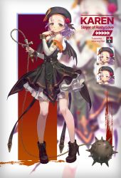 Rule 34 | 1girl, absurdres, ball and chain (weapon), black dress, black footwear, corette, demon wings, dress, elbow gloves, expressions, forehead, gloves, green eyes, high heels, highres, holding, holding weapon, looking at viewer, medium hair, original, purple hair, solo focus, v-shaped eyebrows, weapon, white gloves, wings