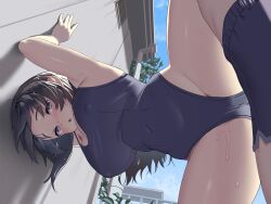 Rule 34 | 1girl, against wall, armpits, arms up, bent over, blue eyes, blush, breasts, brown hair, cleavage, cloud, covered erect nipples, covered navel, day, embarrassed, from below, groin, highres, large breasts, legs, long hair, looking at viewer, one-piece swimsuit, original, outdoors, parted lips, satsuki neko, sky, standing, standing on one leg, swimsuit, thighs, wet