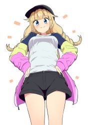 Rule 34 | 1girl, black hat, black shorts, blonde hair, blue eyes, blush, braid, breasts, closed mouth, commentary request, feet out of frame, female focus, hands on own hips, hat, jacket, long hair, long sleeves, looking at viewer, medium breasts, multicolored clothes, multicolored jacket, paripi koumei, shirt, shorts, simple background, smile, solo, tottotonero, tsukimi eiko, twin braids, white shirt