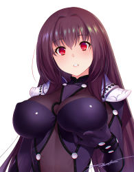 Rule 34 | 1girl, :o, absurdres, armor, bodysuit, grabbing another&#039;s breast, breasts, covered erect nipples, fate/grand order, fate (series), grabbing, hair intakes, highres, kazuma muramasa, large breasts, leotard, long hair, looking at viewer, open mouth, pauldrons, purple bodysuit, purple hair, purple leotard, red eyes, scathach (fate), grabbing own breast, shoulder armor, signature, solo, upper body, white background