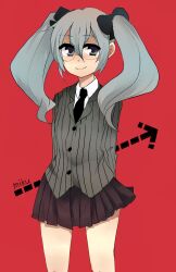 Rule 34 | 1girl, alternate costume, alternate hair color, arms behind back, arrow (symbol), blush, bow, character name, grey eyes, grey hair, hatsune miku, highres, hm-iz1202, necktie, red background, rimless eyewear, skirt, smile, solo, twintails, vocaloid