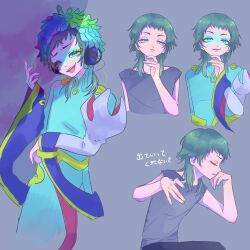Rule 34 | 1other, aqua hair, artist name, blue eyes, blue feathers, carua gyuunyuu, eyelashes, facepaint, feathers, gnosia, green eyes, green feathers, highres, looking at viewer, multicolored clothes, multiple persona, outline, purple feathers, raqio, shirt, simple background, solo, t-shirt, upper body, white background