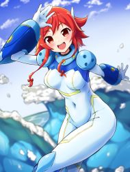 Rule 34 | 1girl, absurdres, akagi rin, angakoq, blue bodysuit, blue gloves, bodysuit, breasts, cloud, covered navel, gloves, gyakuten sekai no denchi shoujo, hair ornament, head tilt, highres, looking at viewer, medium breasts, open hand, open hands, red eyes, red hair, short hair with long locks, skin tight, sky, smile, solo, star (symbol), star hair ornament, waving