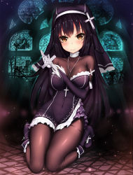Rule 34 | 1girl, bandaged hand, bandages, black hair, black pantyhose, blush, breasts, brown eyes, collarbone, cross, detached sleeves, dk.senie, headdress, high heels, highres, jewelry, kneeling, large breasts, long hair, looking at viewer, md5 mismatch, necklace, nun, original, pantyhose, resolution mismatch, smile, solo, source larger