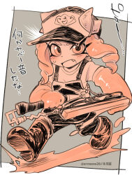 Rule 34 | baseball cap, blush, boots, eromame, fang, gloves, hat, ink, nintendo, octoling, octoling girl, octoling player character, open mouth, overalls, rubber boots, rubber gloves, salmon run (splatoon), shirt, splatana wiper (splatoon), splatoon (series), splatoon 3, sweatdrop, tentacle hair