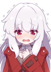Rule 34 | 1girl, :o, blush, clara (honkai: star rail), coat, collarbone, commentary, crying, crying with eyes open, detached collar, hair between eyes, highres, honkai: star rail, honkai (series), kurotofu, long hair, long sleeves, looking at viewer, portrait, red coat, red eyes, sidelocks, simple background, solo, streaming tears, tears, trembling, white background, white hair