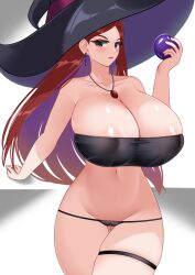 Rule 34 | 1girl, arm support, blue eyes, blush, breasts, bursting breasts, cameltoe, cleavage, curvy, dress, hat, highres, hilda boreas greyrat, jewelry, large breasts, legs, long hair, looking at viewer, mature female, mushoku tensei, navel, necklace, panties, red dress, red hair, solo, strapless, thick thighs, thighs, tube top, underwear, witch hat