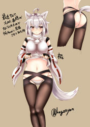 Rule 34 | 1girl, :&lt;, ahoge, animal ears, artist name, ass, bare shoulders, blush, breasts, detached sleeves, embarrassed, grey background, groin, inubashiri momiji, kuga zankurou, large breasts, looking away, midriff, navel, no headwear, panties, pantyhose, pom pom (clothes), red eyes, short hair, silver hair, simple background, solo, tail, thigh gap, thighhighs, thong, touhou, translation request, underwear, white panties, wolf ears, wolf tail