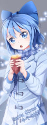 Rule 34 | 1girl, :o, absurdres, alternate costume, blue bow, blue eyes, blue hair, bow, cirno, coat, commentary request, dated, food, hair bow, head tilt, highres, long coat, long image, long sleeves, looking at viewer, plaid, plaid scarf, roasted sweet potato, scarf, short hair, solo, steam, sweet potato, tall image, touhou, winter clothes, roasted sweet potato, yasume yukito
