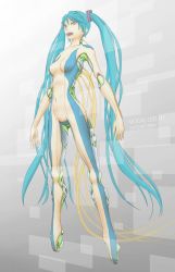 Rule 34 | :d, android, aqua eyes, aqua hair, breasts, character name, copyright name, covered navel, hatsune miku, highres, long hair, mecha, medium breasts, open mouth, pandarou, robot, smile, solo, twintails, very long hair, vocaloid