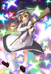 Rule 34 | 1girl, bad id, bad pixiv id, blonde hair, braid, broom, female focus, hat, highres, kirisame marisa, open mouth, short hair, smile, solo, sorrau, star (symbol), starry background, touhou, witch, witch hat, yellow eyes