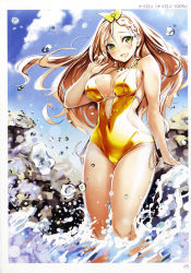 Rule 34 | 1girl, absurdres, artist name, bare shoulders, blonde hair, blush, covered navel, day, earrings, green eyes, highres, jewelry, long hair, looking at viewer, necklace, nylon (nylon 100%), one-piece swimsuit, open mouth, outdoors, partially submerged, scan, sky, solo, standing, swimsuit, toranoana, wading, water, yellow one-piece swimsuit