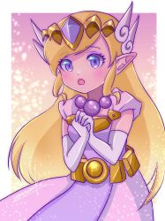 Rule 34 | 1girl, belt, blonde hair, dress, elbow gloves, eyelashes, gloves, hair ornament, highres, jewelry, long hair, necklace, nintendo, nonoworks, open mouth, own hands together, pointy ears, princess zelda, purple dress, purple eyes, signature, solo, the legend of zelda, the legend of zelda: spirit tracks, tiara, toon zelda, white gloves