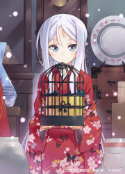 Rule 34 | 10s, 1girl, 2013, animal print, aqua eyes, artist name, birdcage, butterfly print, cabinet, cage, chest of drawers, clock, expressionless, floral print, grandfather clock, green eyes, hair ornament, holding, japanese clothes, kimono, long hair, obi, official art, plate, sash, silver hair, snowing, solo, t-okada, torikagohime to mittsu no nazo no monogatari, vase
