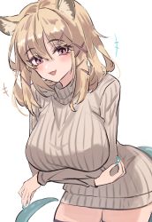 Rule 34 | +++, 1girl, :d, animal ear fluff, animal ears, arknights, arms under breasts, black thighhighs, blonde hair, blue nails, blush, breasts, cowboy shot, crossed arms, dress, fang, fingernails, grey dress, grey sweater, hair ornament, highres, large breasts, leaning forward, long fingernails, long sleeves, looking at viewer, nail polish, open mouth, purple eyes, ribbed sweater, shino duka, short hair, simple background, skin fang, smile, solo, sweater, sweater dress, tail, thighhighs, turtleneck, turtleneck sweater, utage (arknights), white background, x hair ornament