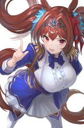 Rule 34 | 1girl, absurdres, animal ears, asagon007, blue bow, blue bowtie, blue dress, bow, bowtie, breasts, brown hair, commentary request, daiwa scarlet (umamusume), dress, epaulettes, fang, hair bow, hair intakes, hand up, highres, horse ears, horse girl, horse tail, large breasts, leaning forward, long hair, long sleeves, multicolored clothes, multicolored dress, neckwear request, pink eyes, pointing, pointing up, sidelocks, simple background, skin fang, solo, tail, tiara, twintails, umamusume, very long hair, white background, white dress, white legwear