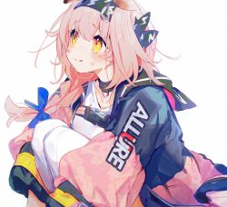 Rule 34 | 1girl, animal ears, arknights, black bow, black choker, black hairband, blue bow, blush, bow, braid, cat ears, choker, closed mouth, clothes writing, coat, crying, crying with eyes open, goldenglow (arknights), hair bow, hairband, knees to chest, lightning bolt print, long sleeves, looking away, looking up, multicolored coat, namie-kun, open clothes, open coat, shirt, side braid, simple background, sitting, solo, tears, two-tone coat, white background, white shirt, yellow eyes