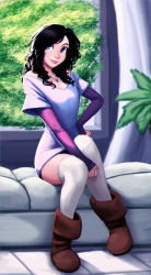 Rule 34 | 1girl, ankle boots, bed, between legs, black hair, blanket, blue eyes, blue sweater, boots, brown footwear, collarbone, curly hair, curtains, full body, gem, hand between legs, hand on own hip, highres, jewelry, leaf, lips, looking up, necklace, off-shoulder, off-shoulder sweater, off shoulder, on bed, open window, original, pendant, plant, potted plant, raichiyo33, short hair, sitting, sleeves past wrists, smile, solo, striped clothes, striped thighhighs, sunlight, sweater, thighhighs, thighs, tree, vertical-striped clothes, vertical-striped thighhighs, white thighhighs, window