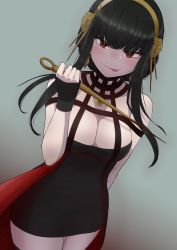 Rule 34 | 1girl, :p, absurdres, bare shoulders, black hair, blush, breasts, choker, cleavage, cowboy shot, dress, flower, hair flower, hair ornament, hairband, highres, holding, holding weapon, jaguarsee, large breasts, licking lips, looking at viewer, mixed-language commentary, red eyes, revision, sidelocks, smile, spy x family, tongue, tongue out, two-sided dress, two-sided fabric, weapon, yor briar