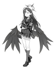 Rule 34 | absurdres, armband, arms behind back, aya shachou, black hair, blue archive, choker, closed eyes, feathered wings, full body, gloves, grabbing own arm, halo, highres, ichika (blue archive), kneehighs, long hair, long sleeves, low wings, monochrome, open mouth, pleated skirt, sailor collar, school uniform, shirt, shoes, simple background, skirt, smile, socks, standing, white background, wings