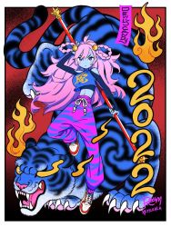 Rule 34 | 1girl, 2022, arm up, blue eyes, blue skin, blush, braid, breasts, chinese zodiac, colored skin, holding, large breasts, leg up, long hair, long sleeves, looking at viewer, midriff, navel, original, pants, pink hair, purple pants, red footwear, rem (tsulala), shadow, shoes, signature, solo, stitches, striped clothes, striped pants, tiger, very long hair, year of the tiger