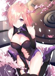 Rule 34 | 1girl, akira (ying), bare shoulders, black footwear, black gloves, black leotard, black thighhighs, blurry, blurry foreground, blush, boots, breasts, cleavage, closed mouth, commentary request, depth of field, elbow gloves, fate/grand order, fate (series), flower, gloves, hair over one eye, hand on own chest, hand up, high heel boots, high heels, highres, large breasts, leotard, looking at viewer, mash kyrielight, navel, petals, pink flower, pink hair, purple eyes, ripples, shield, short hair, sitting, solo, thighhighs, wariza, water
