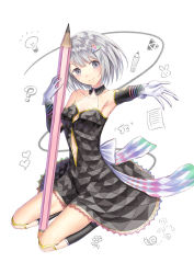Rule 34 | 1girl, absurdres, armpits, back bow, black legwear, blush, bow, breasts, choker, cleavage, clothing cutout, collarbone, detached sleeves, dress, finger gun, full body, gloves, grey dress, grey eyes, hair ornament, halterneck, head tilt, highres, holding, kneeling, long hair, navel, navel cutout, original, outstretched arm, pen, short dress, short hair, silver hair, simple background, sleeveless, sleeveless dress, small breasts, smile, solo, tobychou, white background, white bow, white gloves