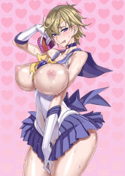 Rule 34 | 1girl, armpits, arms up, blonde hair, blush, bodysuit, breasts, breasts out, chocolate, choker, earrings, gloves, heart, highres, honjou raita, impossible clothes, jewelry, large breasts, looking at viewer, miniskirt, navel, nipples, purple eyes, ribbon, sailor uniform, sailor uranus, see-through, see-through shirt, shiny clothes, shiny skin, short hair, skindentation, skirt, solo, standing, star (symbol), star choker, sweat, sweatdrop, ten&#039;ou haruka, tiara, tongue, tongue out