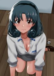 Rule 34 | 1girl, all fours, black footwear, blush, breast pocket, breasts, brown eyes, cleavage, collared shirt, downblouse, eyebrows hidden by hair, flipped hair, green hair, grey skirt, hairband, highres, idolmaster, idolmaster million live!, licking lips, looking at viewer, medium breasts, medium hair, on floor, parted bangs, pocket, ponpon, shirt, skirt, solo, thighs, tokugawa matsuri, tongue, tongue out, unbuttoned, white shirt, wooden floor