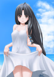 Rule 34 | 1girl, ahoge, black hair, blue sky, brown eyes, cloud, commentary request, cowboy shot, day, dress, highres, horizon, kantai collection, long hair, low-tied long hair, ocean, outdoors, shouhou (kancolle), skirt hold, sky, sleeveless, sleeveless dress, solo, sundress, t2r, white dress