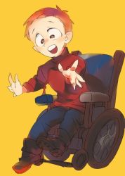 Rule 34 | 1boy, be (ronironibebe), brown eyes, open mouth, orange hair, outstretched arms, red sweater, short hair, sitting, smile, solo, south park, sweater, timmy burch, wheelchair, wide-eyed, yellow background